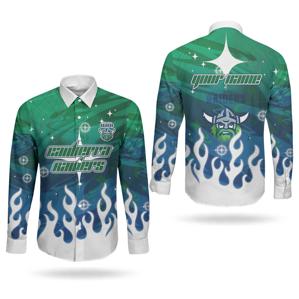 Personalized Canberra Raiders Couples Matching Off Shoulder Short Dress and Long Sleeve Button Shirt Y2K Grunge Aesthetic With Cyber Flames and Starburst Graphics