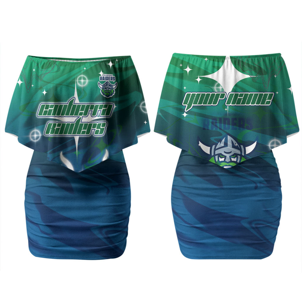 Personalized Canberra Raiders Couples Matching Off Shoulder Short Dress and Long Sleeve Button Shirt Y2K Grunge Aesthetic With Cyber Flames and Starburst Graphics