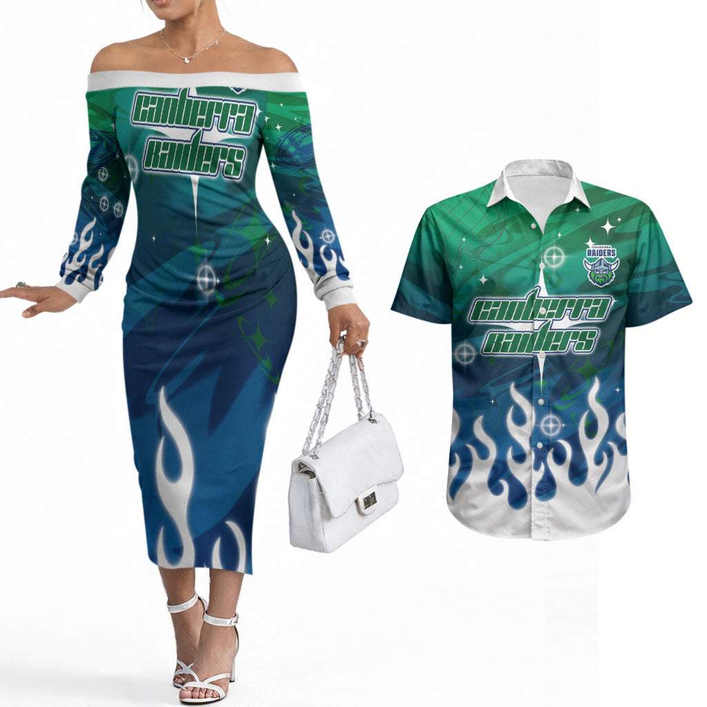 Personalized Canberra Raiders Couples Matching Off The Shoulder Long Sleeve Dress and Hawaiian Shirt Y2K Grunge Aesthetic With Cyber Flames and Starburst Graphics