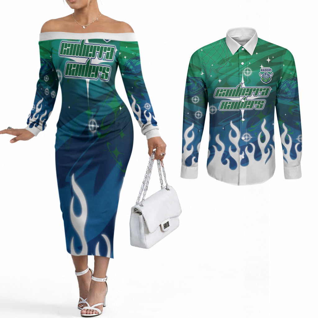 Personalized Canberra Raiders Couples Matching Off The Shoulder Long Sleeve Dress and Long Sleeve Button Shirt Y2K Grunge Aesthetic With Cyber Flames and Starburst Graphics