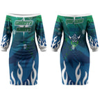 Personalized Canberra Raiders Couples Matching Off The Shoulder Long Sleeve Dress and Long Sleeve Button Shirt Y2K Grunge Aesthetic With Cyber Flames and Starburst Graphics