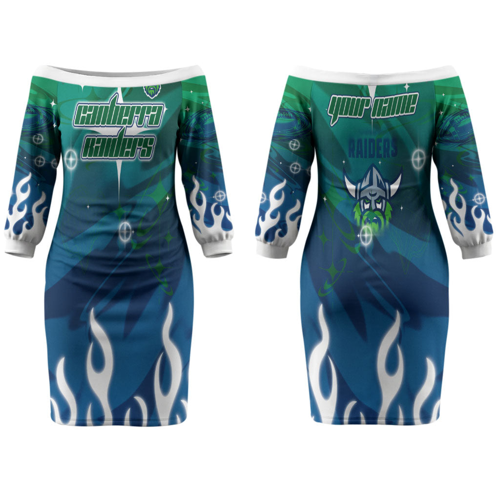 Personalized Canberra Raiders Couples Matching Off The Shoulder Long Sleeve Dress and Long Sleeve Button Shirt Y2K Grunge Aesthetic With Cyber Flames and Starburst Graphics