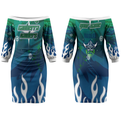 Personalized Canberra Raiders Couples Matching Off The Shoulder Long Sleeve Dress and Long Sleeve Button Shirt Y2K Grunge Aesthetic With Cyber Flames and Starburst Graphics
