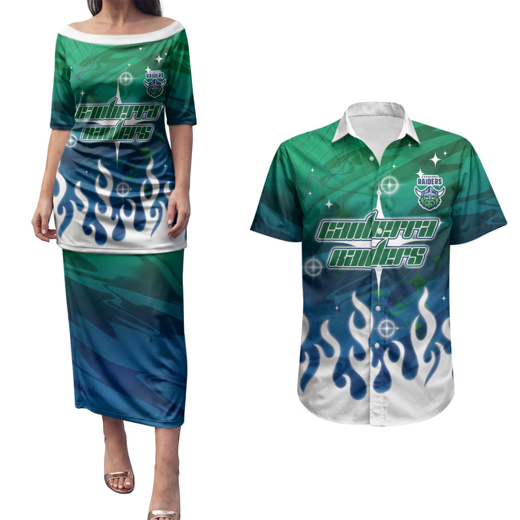 Personalized Canberra Raiders Couples Matching Puletasi and Hawaiian Shirt Y2K Grunge Aesthetic With Cyber Flames and Starburst Graphics