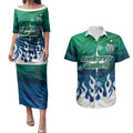 Personalized Canberra Raiders Couples Matching Puletasi and Hawaiian Shirt Y2K Grunge Aesthetic With Cyber Flames and Starburst Graphics