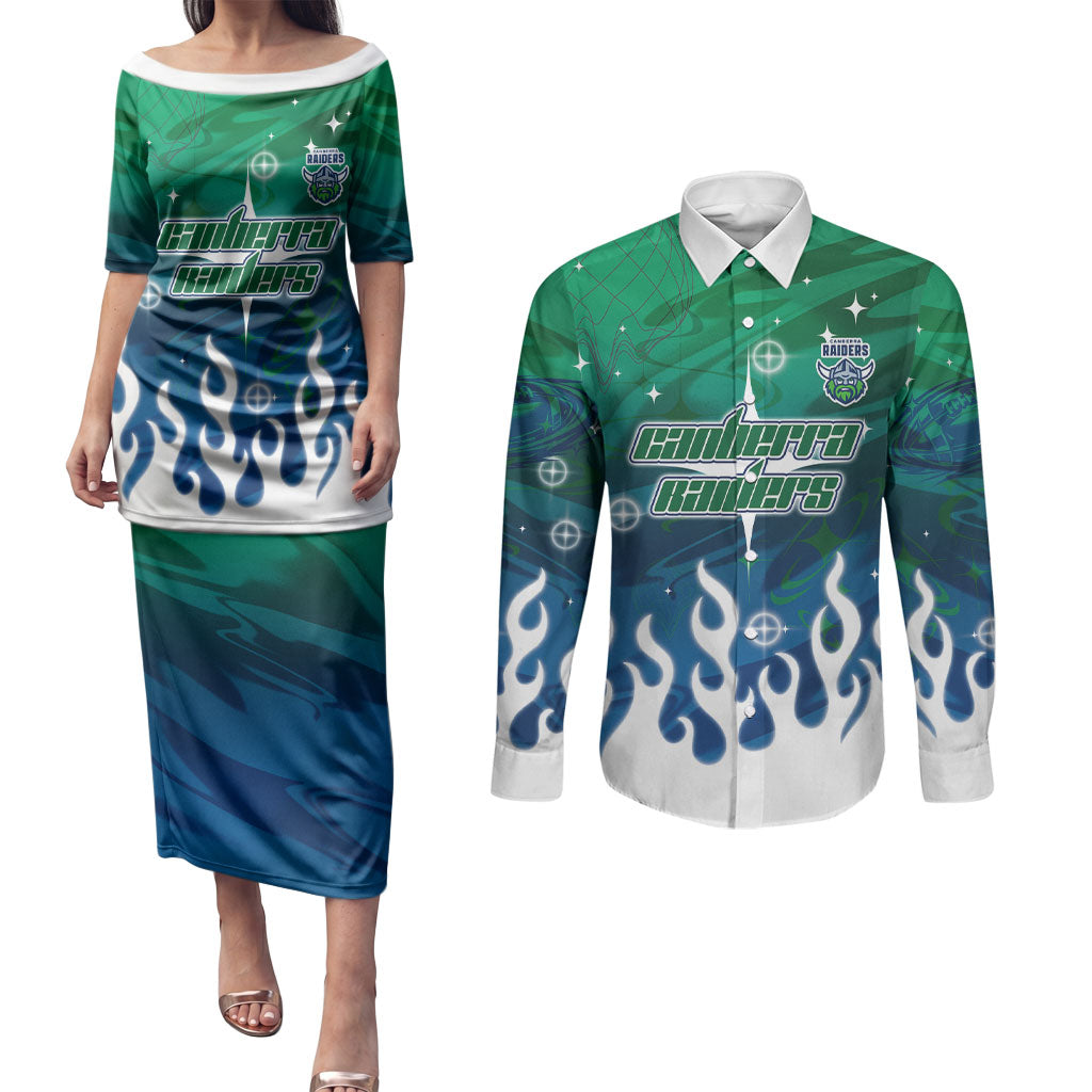 Personalized Canberra Raiders Couples Matching Puletasi and Long Sleeve Button Shirt Y2K Grunge Aesthetic With Cyber Flames and Starburst Graphics
