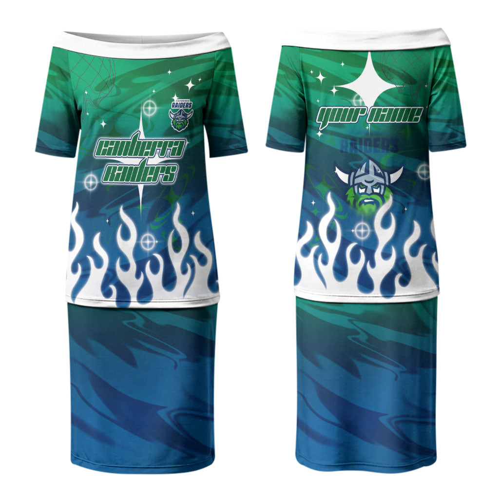 Personalized Canberra Raiders Couples Matching Puletasi and Long Sleeve Button Shirt Y2K Grunge Aesthetic With Cyber Flames and Starburst Graphics