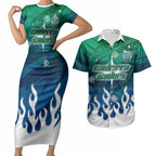 Personalized Canberra Raiders Couples Matching Short Sleeve Bodycon Dress and Hawaiian Shirt Y2K Grunge Aesthetic With Cyber Flames and Starburst Graphics