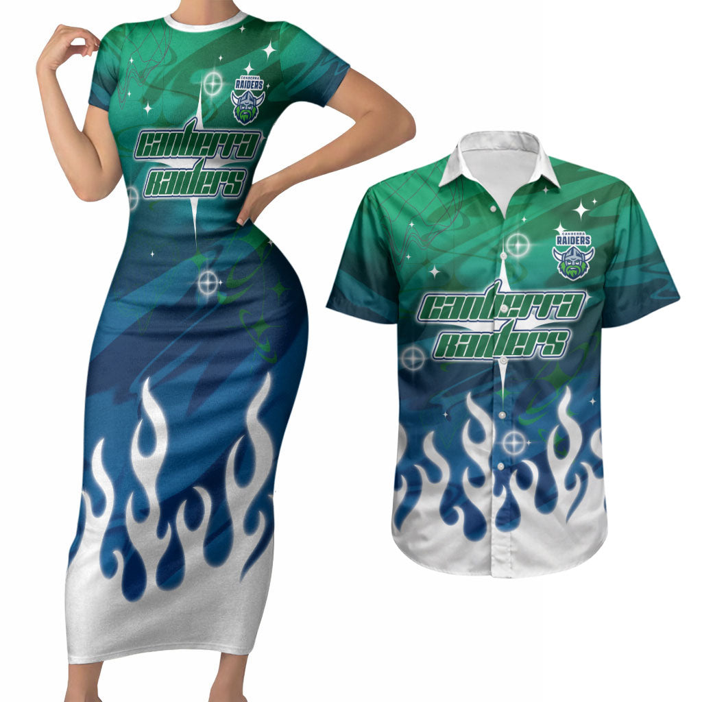 Personalized Canberra Raiders Couples Matching Short Sleeve Bodycon Dress and Hawaiian Shirt Y2K Grunge Aesthetic With Cyber Flames and Starburst Graphics