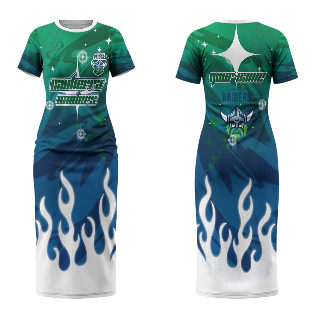 Personalized Canberra Raiders Couples Matching Short Sleeve Bodycon Dress and Hawaiian Shirt Y2K Grunge Aesthetic With Cyber Flames and Starburst Graphics