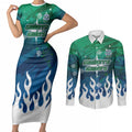 Personalized Canberra Raiders Couples Matching Short Sleeve Bodycon Dress and Long Sleeve Button Shirt Y2K Grunge Aesthetic With Cyber Flames and Starburst Graphics
