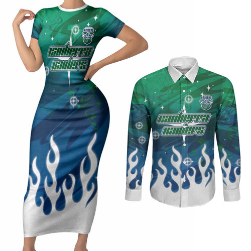 Personalized Canberra Raiders Couples Matching Short Sleeve Bodycon Dress and Long Sleeve Button Shirt Y2K Grunge Aesthetic With Cyber Flames and Starburst Graphics