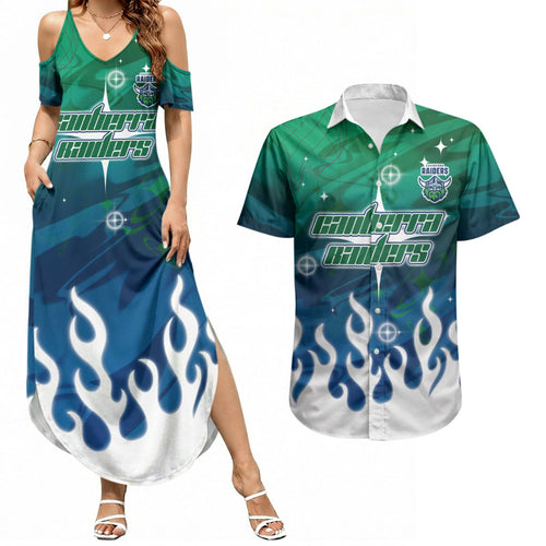 Personalized Canberra Raiders Couples Matching Summer Maxi Dress and Hawaiian Shirt Y2K Grunge Aesthetic With Cyber Flames and Starburst Graphics