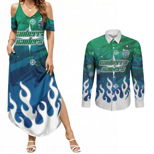 Personalized Canberra Raiders Couples Matching Summer Maxi Dress and Long Sleeve Button Shirt Y2K Grunge Aesthetic With Cyber Flames and Starburst Graphics