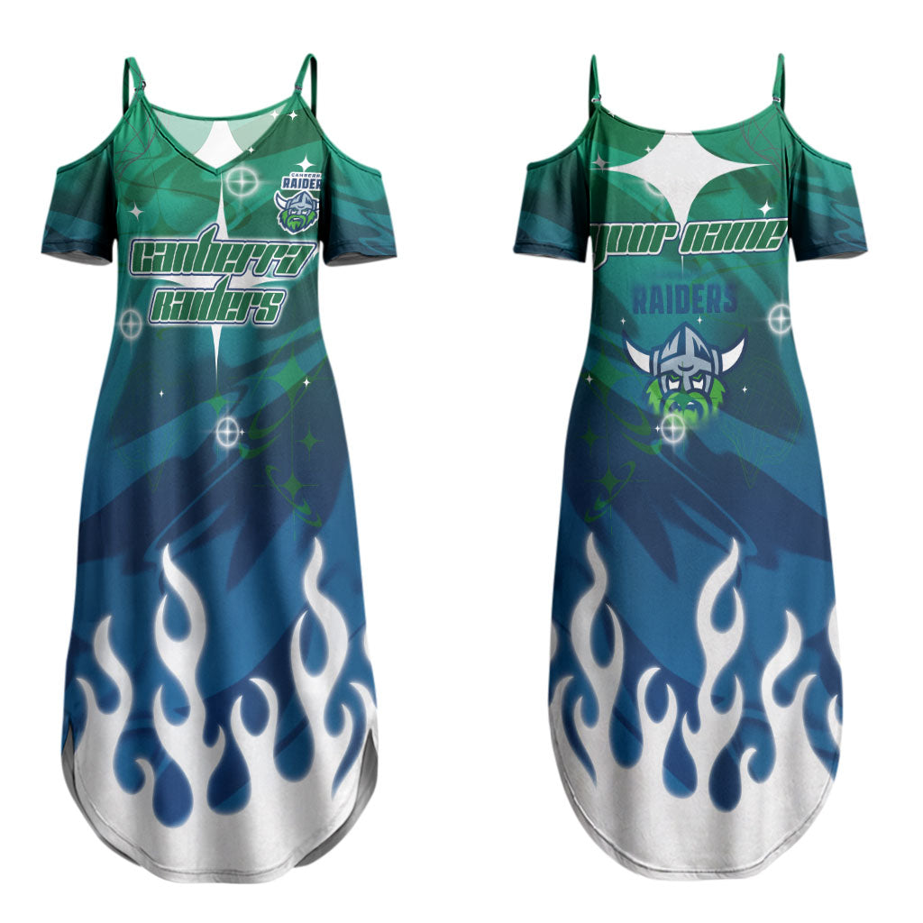 Personalized Canberra Raiders Couples Matching Summer Maxi Dress and Long Sleeve Button Shirt Y2K Grunge Aesthetic With Cyber Flames and Starburst Graphics