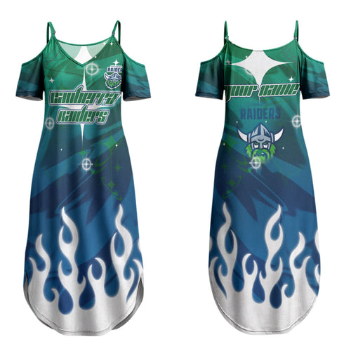 Personalized Canberra Raiders Couples Matching Summer Maxi Dress and Long Sleeve Button Shirt Y2K Grunge Aesthetic With Cyber Flames and Starburst Graphics