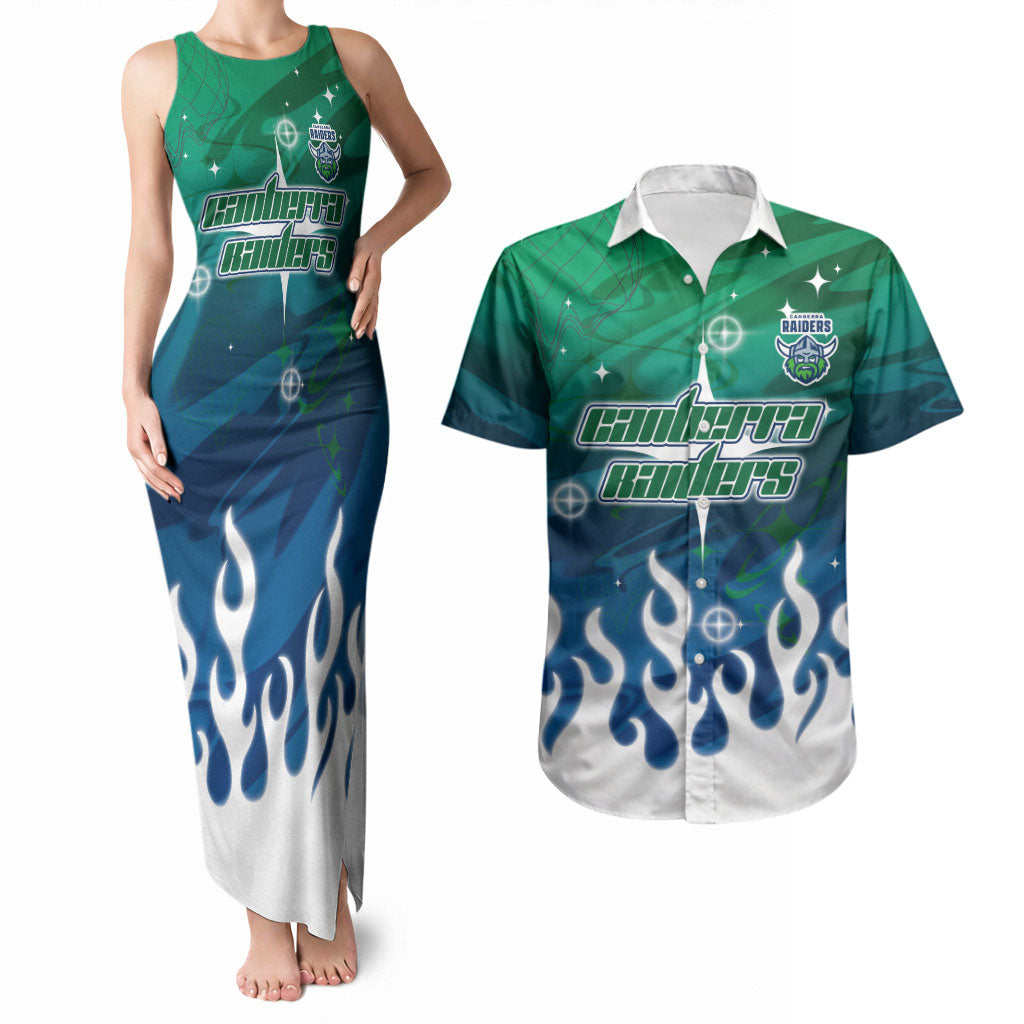 Personalized Canberra Raiders Couples Matching Tank Maxi Dress and Hawaiian Shirt Y2K Grunge Aesthetic With Cyber Flames and Starburst Graphics