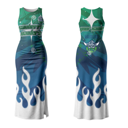 Personalized Canberra Raiders Couples Matching Tank Maxi Dress and Hawaiian Shirt Y2K Grunge Aesthetic With Cyber Flames and Starburst Graphics