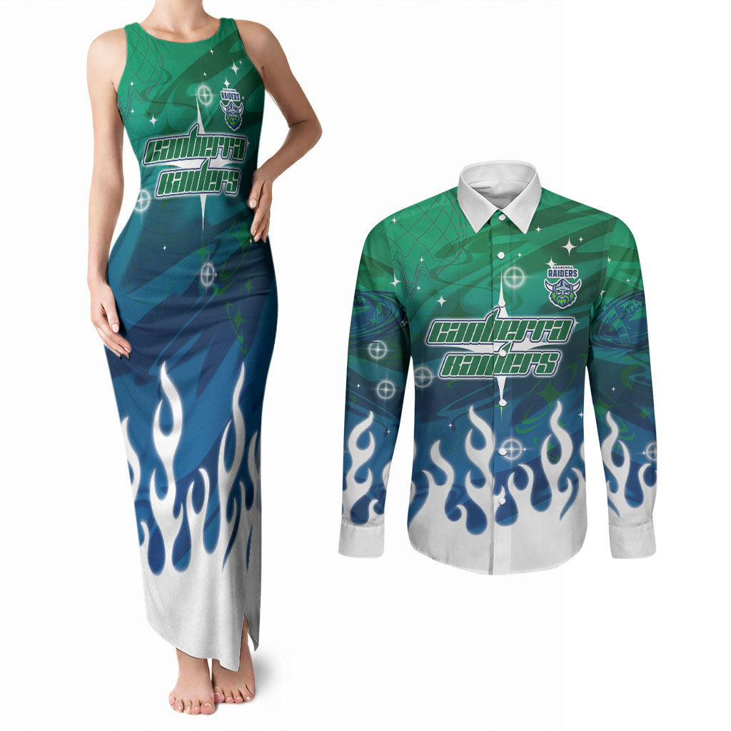 Personalized Canberra Raiders Couples Matching Tank Maxi Dress and Long Sleeve Button Shirt Y2K Grunge Aesthetic With Cyber Flames and Starburst Graphics