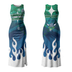 Personalized Canberra Raiders Couples Matching Tank Maxi Dress and Long Sleeve Button Shirt Y2K Grunge Aesthetic With Cyber Flames and Starburst Graphics