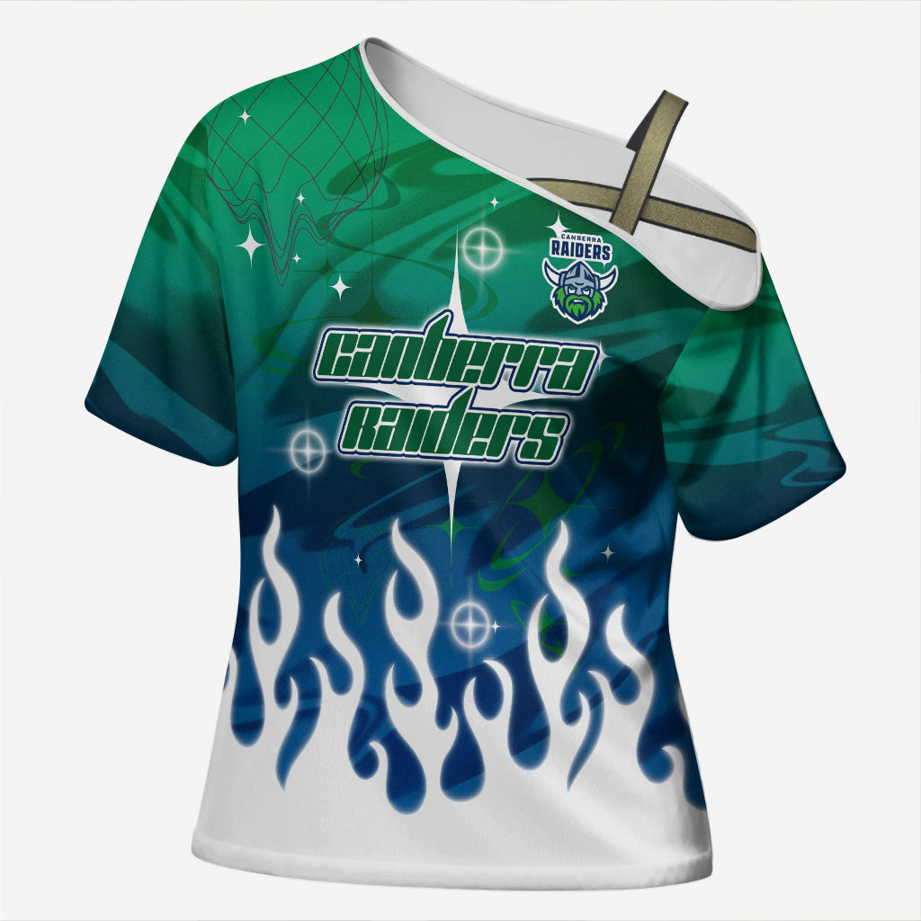 Personalized Canberra Raiders Cross Shoulder Shirt Y2K Grunge Aesthetic With Cyber Flames and Starburst Graphics