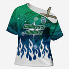 Personalized Canberra Raiders Cross Shoulder Shirt Y2K Grunge Aesthetic With Cyber Flames and Starburst Graphics