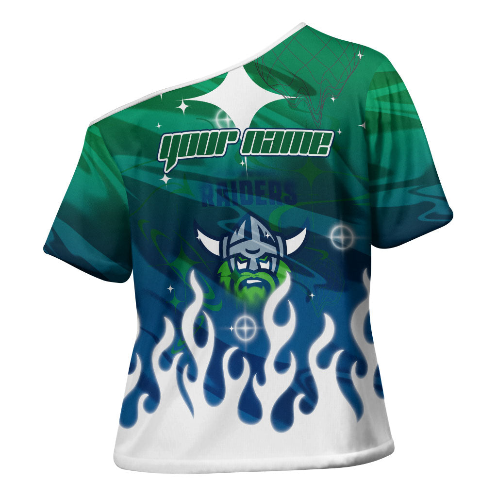 Personalized Canberra Raiders Cross Shoulder Shirt Y2K Grunge Aesthetic With Cyber Flames and Starburst Graphics