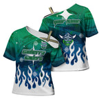 Personalized Canberra Raiders Cross Shoulder Shirt Y2K Grunge Aesthetic With Cyber Flames and Starburst Graphics