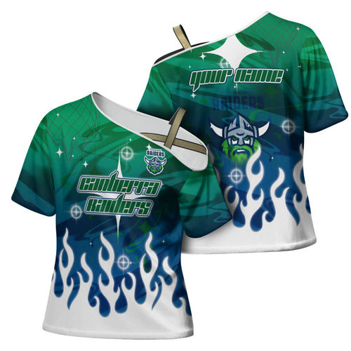 Personalized Canberra Raiders Cross Shoulder Shirt Y2K Grunge Aesthetic With Cyber Flames and Starburst Graphics