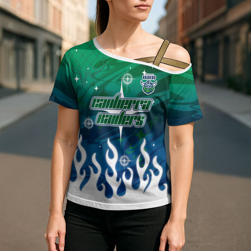 Personalized Canberra Raiders Cross Shoulder Shirt Y2K Grunge Aesthetic With Cyber Flames and Starburst Graphics