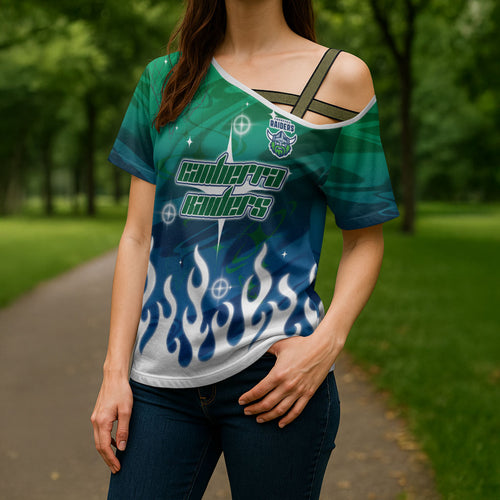 Personalized Canberra Raiders Cross Shoulder Shirt Y2K Grunge Aesthetic With Cyber Flames and Starburst Graphics