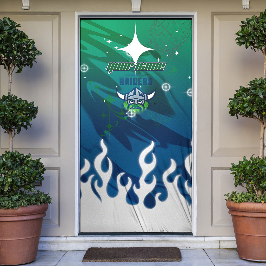 Personalized Canberra Raiders Door Cover Y2K Grunge Aesthetic With Cyber Flames and Starburst Graphics