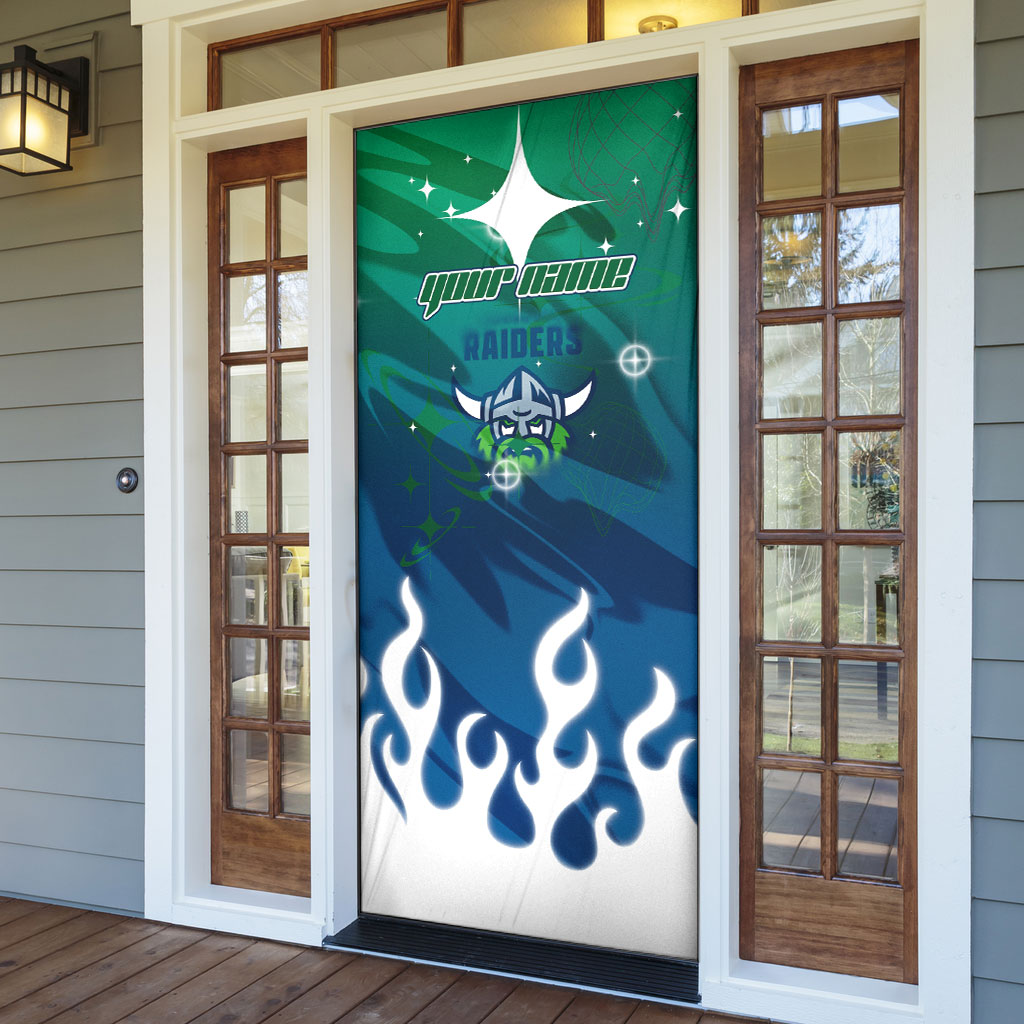 Personalized Canberra Raiders Door Cover Y2K Grunge Aesthetic With Cyber Flames and Starburst Graphics