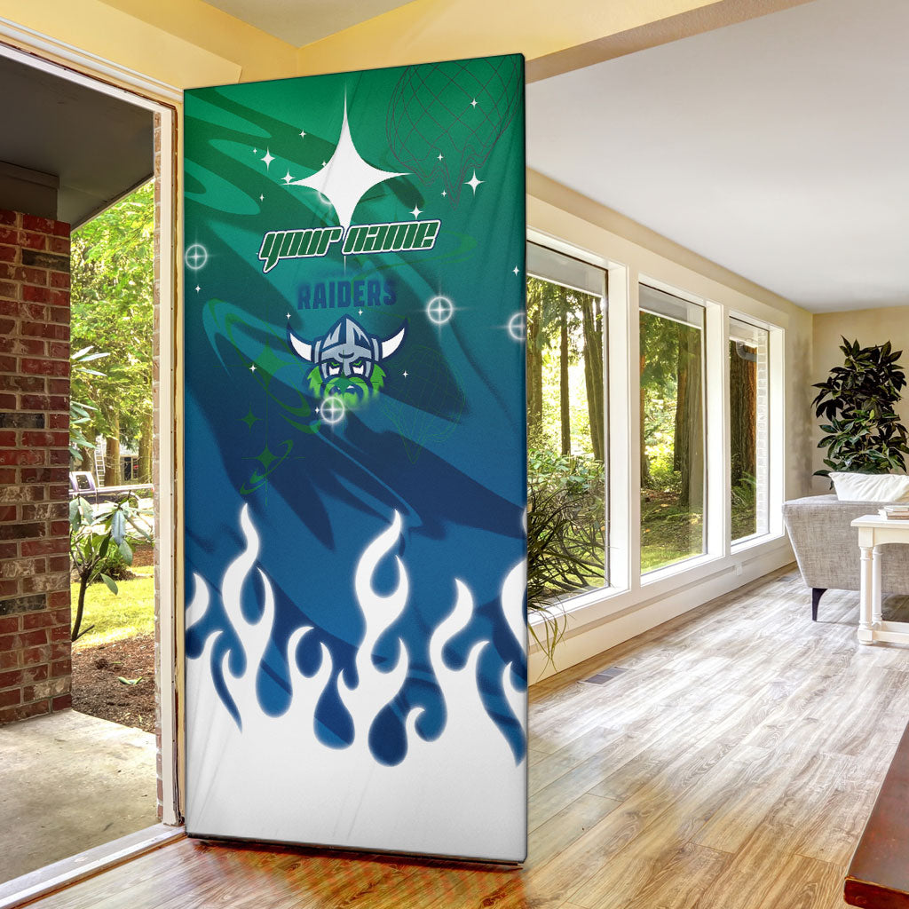 Personalized Canberra Raiders Door Cover Y2K Grunge Aesthetic With Cyber Flames and Starburst Graphics