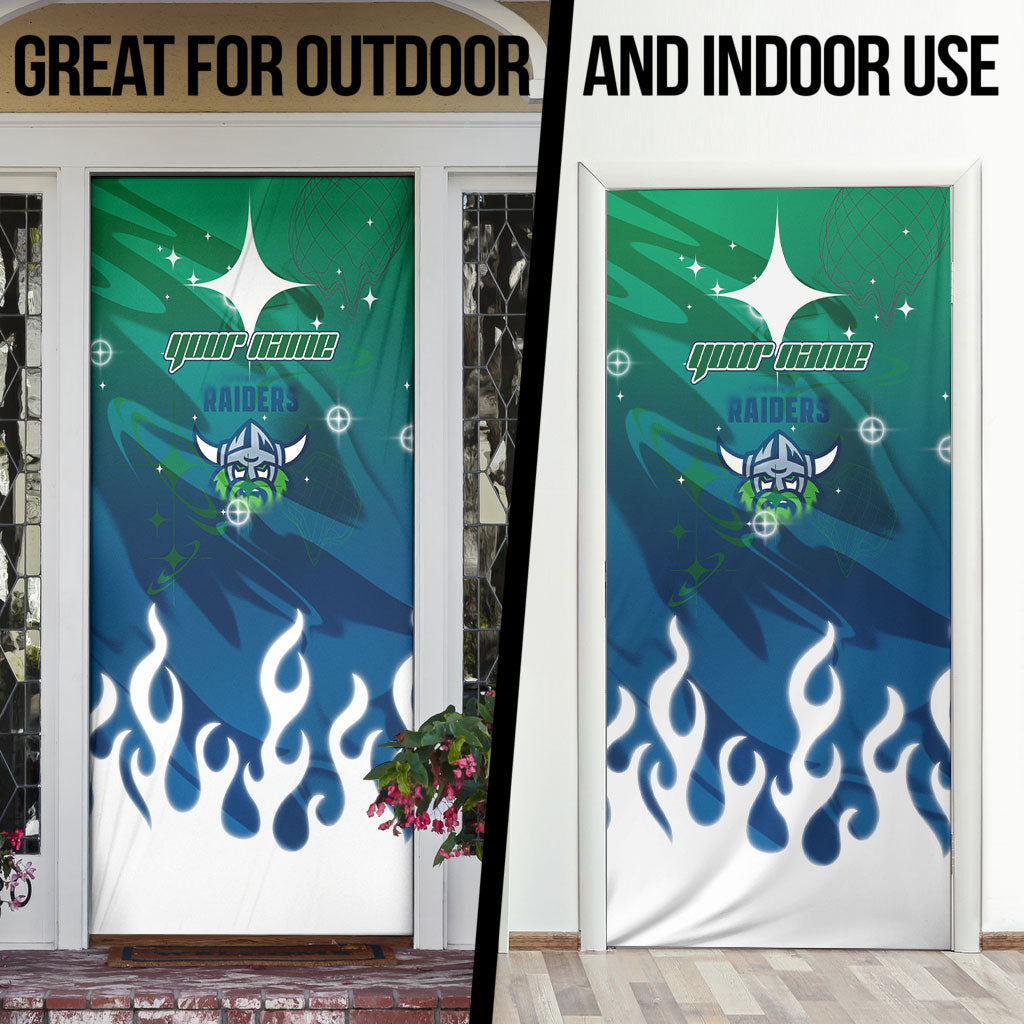 Personalized Canberra Raiders Door Cover Y2K Grunge Aesthetic With Cyber Flames and Starburst Graphics