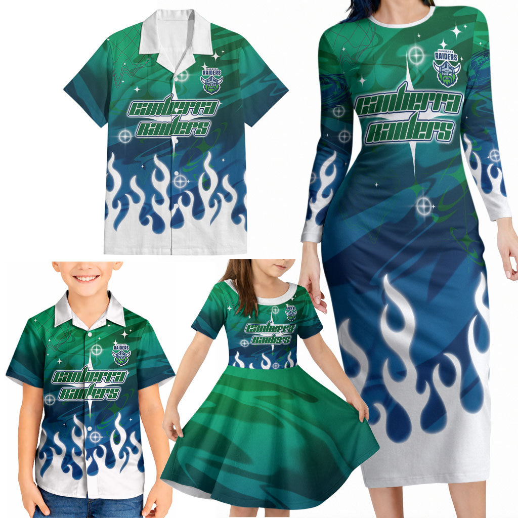 Personalized Canberra Raiders Family Matching Long Sleeve Bodycon Dress and Hawaiian Shirt Y2K Grunge Aesthetic With Cyber Flames and Starburst Graphics