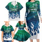 Personalized Canberra Raiders Family Matching Long Sleeve Bodycon Dress and Hawaiian Shirt Y2K Grunge Aesthetic With Cyber Flames and Starburst Graphics