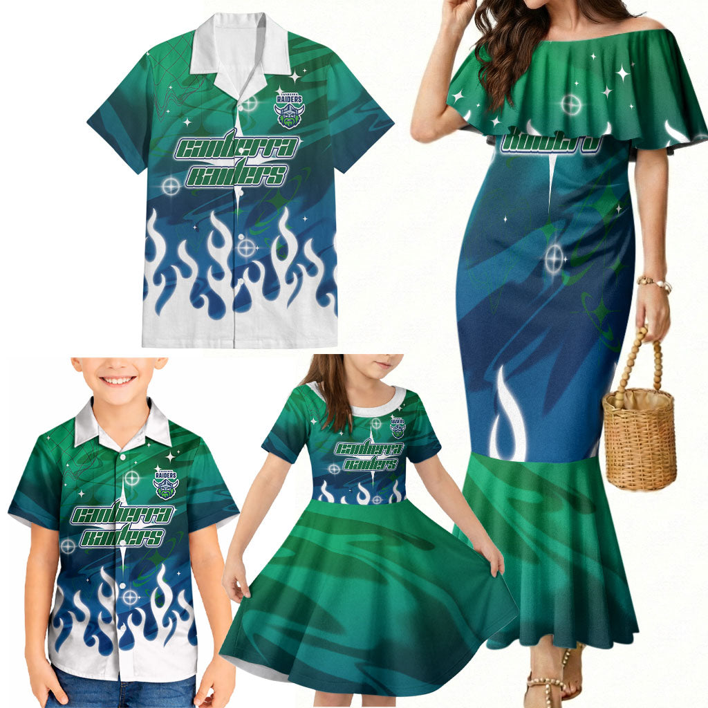 Personalized Canberra Raiders Family Matching Mermaid Dress and Hawaiian Shirt Y2K Grunge Aesthetic With Cyber Flames and Starburst Graphics