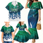 Personalized Canberra Raiders Family Matching Mermaid Dress and Hawaiian Shirt Y2K Grunge Aesthetic With Cyber Flames and Starburst Graphics