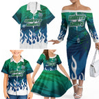 Personalized Canberra Raiders Family Matching Off The Shoulder Long Sleeve Dress and Hawaiian Shirt Y2K Grunge Aesthetic With Cyber Flames and Starburst Graphics