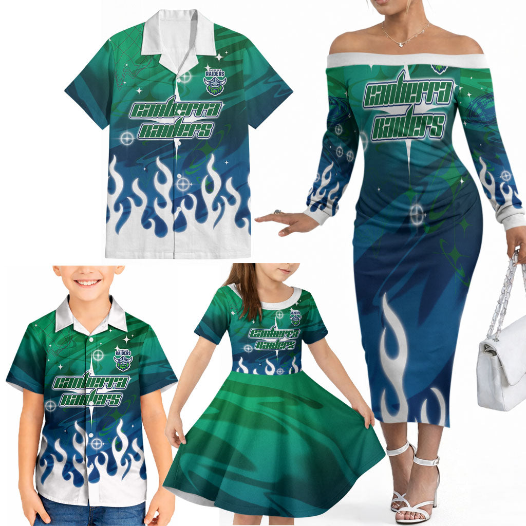 Personalized Canberra Raiders Family Matching Off The Shoulder Long Sleeve Dress and Hawaiian Shirt Y2K Grunge Aesthetic With Cyber Flames and Starburst Graphics