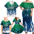Personalized Canberra Raiders Family Matching Off Shoulder Maxi Dress and Hawaiian Shirt Y2K Grunge Aesthetic With Cyber Flames and Starburst Graphics