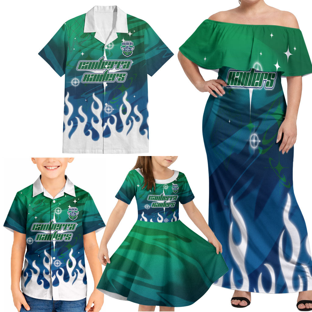 Personalized Canberra Raiders Family Matching Off Shoulder Maxi Dress and Hawaiian Shirt Y2K Grunge Aesthetic With Cyber Flames and Starburst Graphics