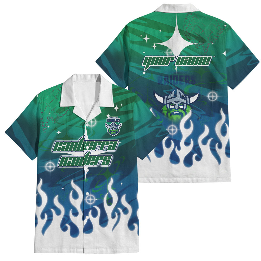 Personalized Canberra Raiders Family Matching Off Shoulder Maxi Dress and Hawaiian Shirt Y2K Grunge Aesthetic With Cyber Flames and Starburst Graphics