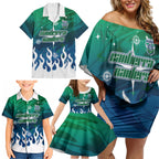 Personalized Canberra Raiders Family Matching Off Shoulder Short Dress and Hawaiian Shirt Y2K Grunge Aesthetic With Cyber Flames and Starburst Graphics