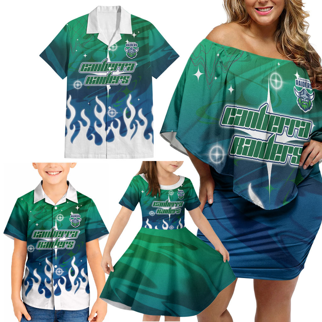Personalized Canberra Raiders Family Matching Off Shoulder Short Dress and Hawaiian Shirt Y2K Grunge Aesthetic With Cyber Flames and Starburst Graphics