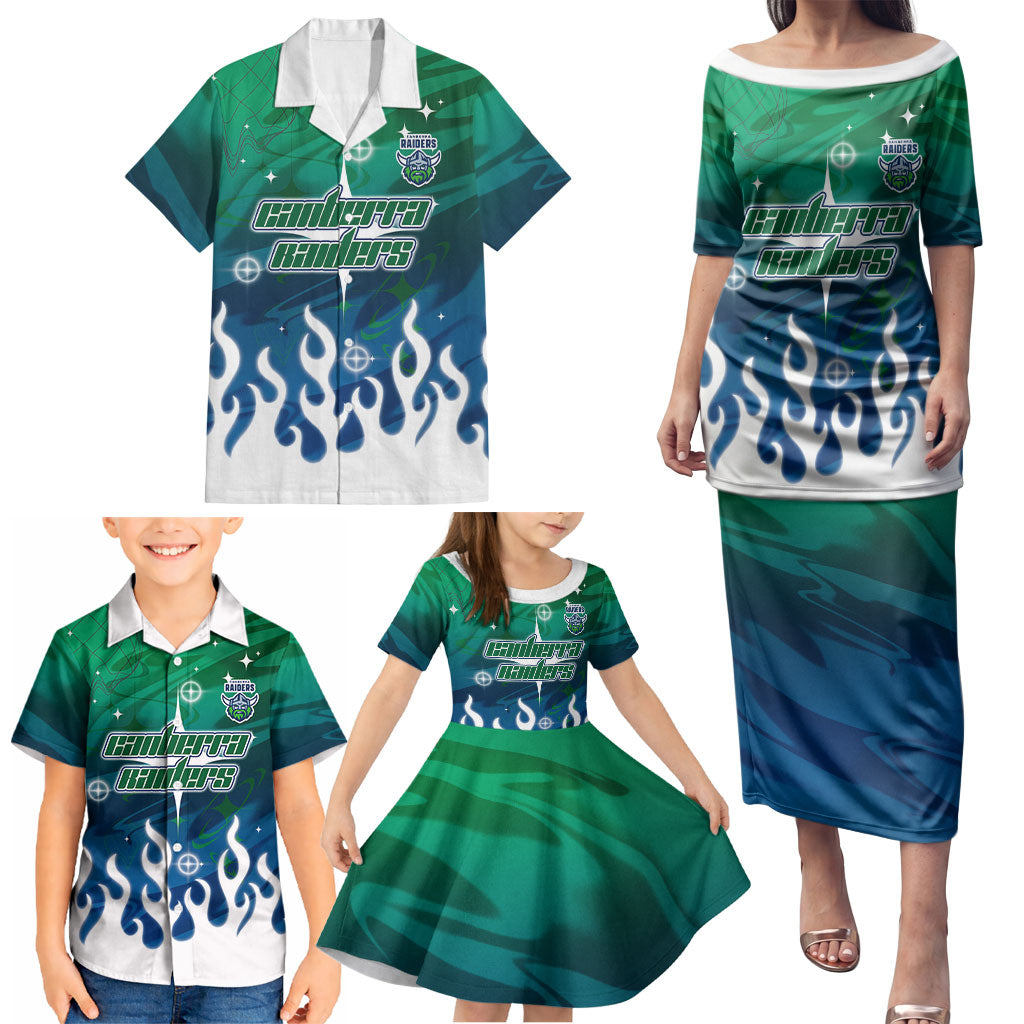 Personalized Canberra Raiders Family Matching Puletasi and Hawaiian Shirt Y2K Grunge Aesthetic With Cyber Flames and Starburst Graphics