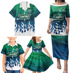 Personalized Canberra Raiders Family Matching Puletasi and Hawaiian Shirt Y2K Grunge Aesthetic With Cyber Flames and Starburst Graphics