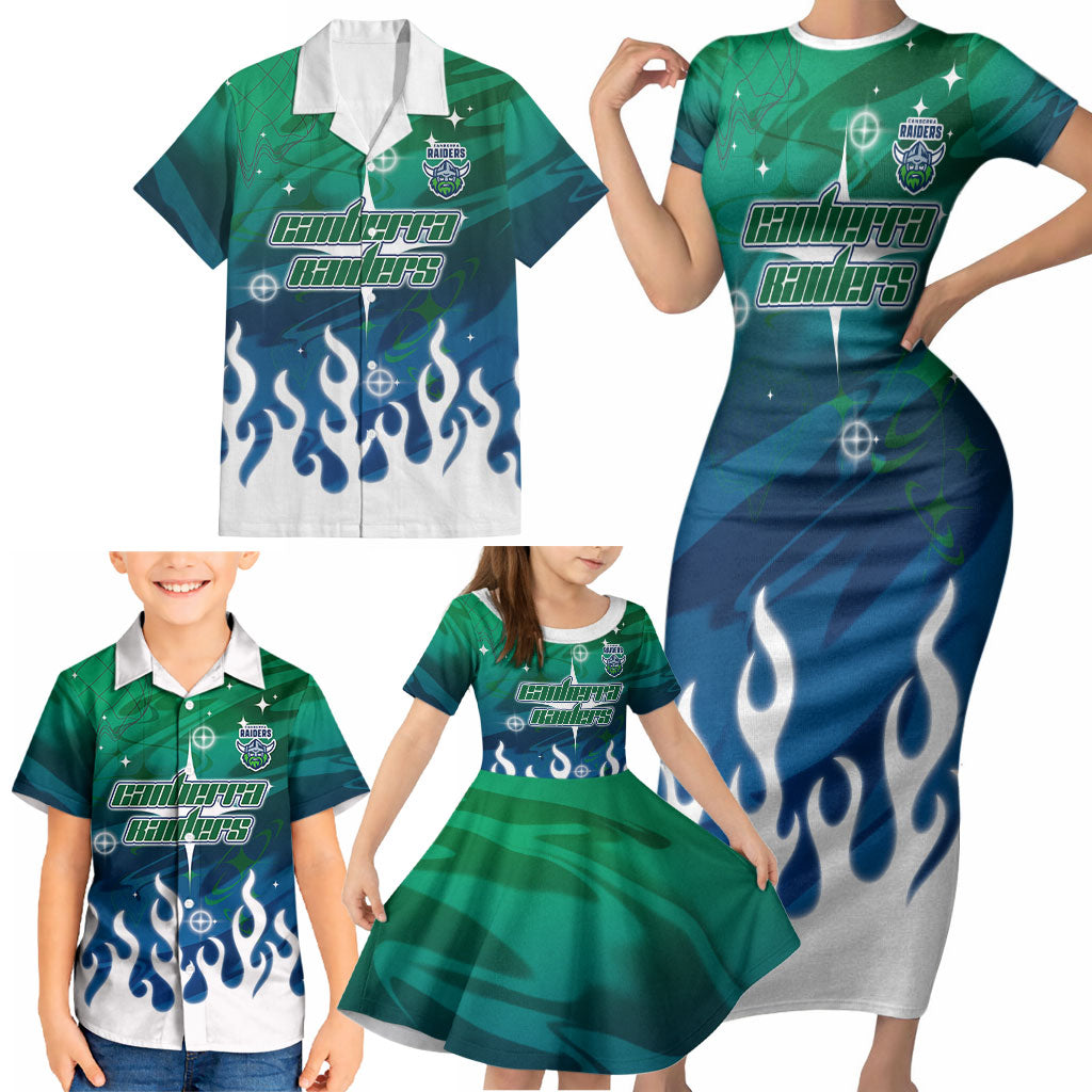 Personalized Canberra Raiders Family Matching Short Sleeve Bodycon Dress and Hawaiian Shirt Y2K Grunge Aesthetic With Cyber Flames and Starburst Graphics
