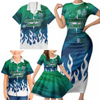 Personalized Canberra Raiders Family Matching Short Sleeve Bodycon Dress and Hawaiian Shirt Y2K Grunge Aesthetic With Cyber Flames and Starburst Graphics